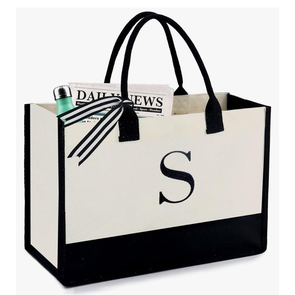 New Monogram "S" Canvas Tote Inside Zipper Pocket Great Gift Personalized Bag
